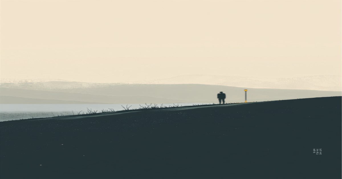 早期退職後のミッドライフクライシスをイメージした、夕暮れの静かな一本道のイラスト